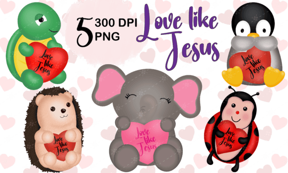 Love Like Jesus Animals Holding Hearts Illustrations